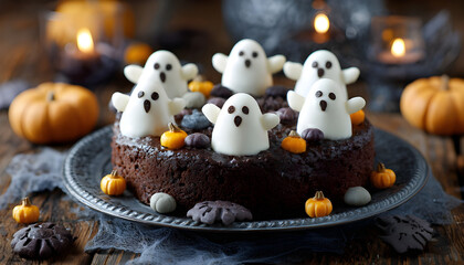 Halloween chocolate cake with ghosts