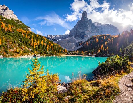 Autumnal alpine lake scene