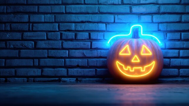 glowing jack o lantern with neon blue outline on brick wall background halloween pumpkin 1