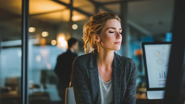 Professional woman in a blazer sits at a desk in a modern office, gazing out thoughtfully toward the warm lights.