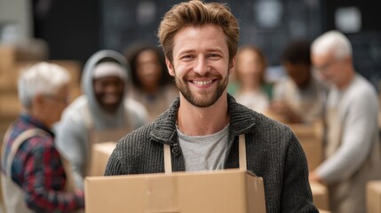 charity donation and volunteering concept  happy smiling male volunteer with food in box and international group of people at distribution or refugee assistance center no logos no brands ar 169