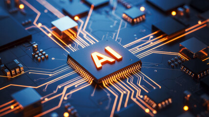 Close-up view of a futuristic AI chip on a complex circuit board, symbolizing advanced technology and artificial intelligence.