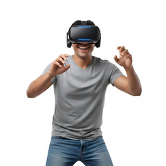 Young man playing video games with VR headset on white background