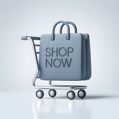 Fototapeta premium 3D render of modern shopping cart with shop now bag, e-commerce promotion design