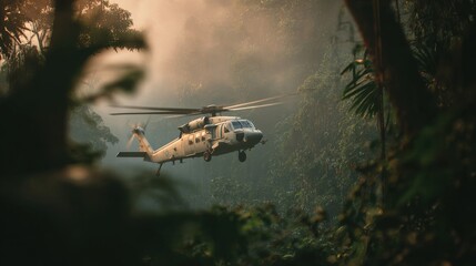 A helicopter hovers above a lush green jungle, surrounded by thick trees and mist. The sun rises, casting warm light throughout the scene, highlighting the vibrant foliage