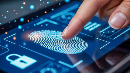 A close-up shot of a finger touching a digital fingerprint scanner on a futuristic interface, symbolizing biometric security and advanced technology.