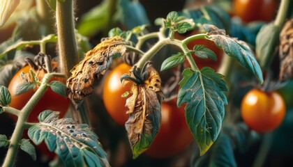 close up of diseased tomato plants showing leaf discoloration