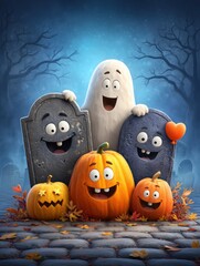 Fun and Cheerful Halloween Scene with Pumpkins and Ghosts