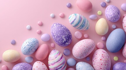colorful pastel easter eggs and candy on a pink background