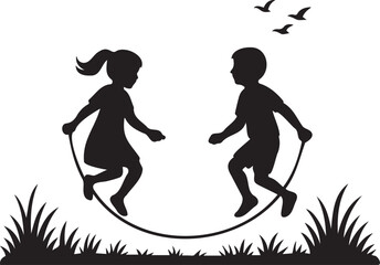 Two children, a boy and a girl, joyfully jumping rope together in a grassy field with birds flying in the background, isolated on transparent background © Faija