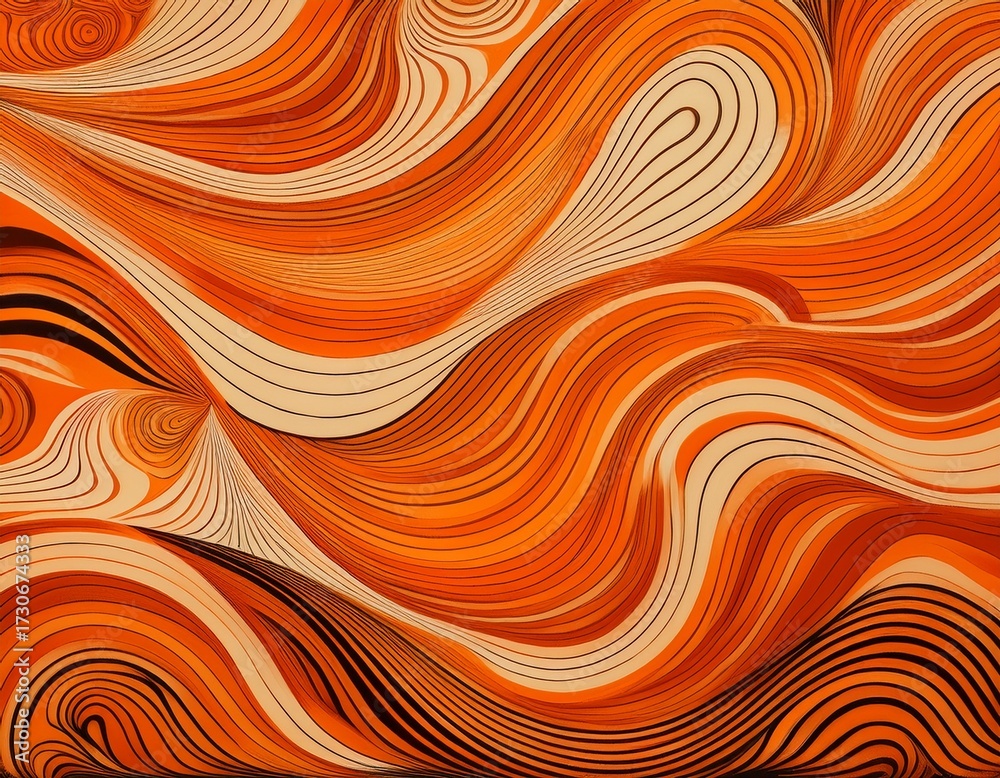 Wall mural retro 70s pattern in shades of orange with swirling wavy lines and abstract shapes close up view