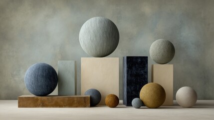 A collection of geometric shapes in various textures and colors sits atop simple pedestals. Soft lighting enhances their forms against a muted backdrop, creating a serene atmosphere