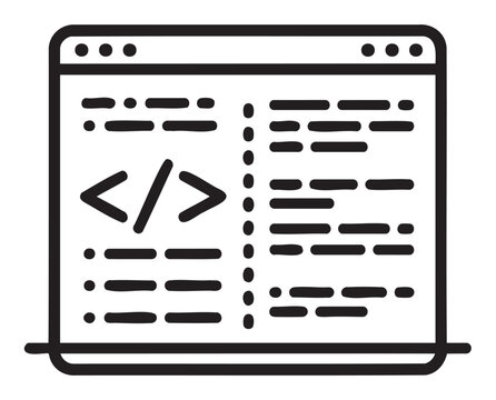 Laptop displaying code editor icon with coding symbols and lines - stock vector