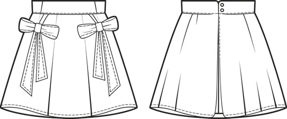 Girl’s flared skirt fashion template with waist bow tie detail, button back closure cad drawing flat vector illustration for design