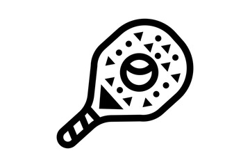 A black and white illustration of a pickleball paddle with a ball.