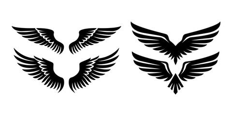 Four stylized sets of black wings, arranged in pairs, on a white background.
