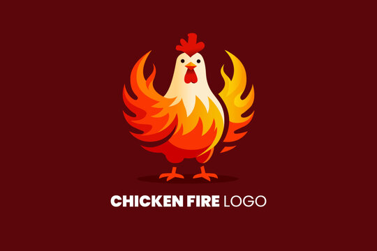 Stylized chicken logo with wings resembling flames, set against a dark red background, featuring the text "CHICKEN FIRE LOGO".