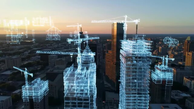 Futuristic Cityscape: Holographic Building Construction Over Urban Skyline at Sunset