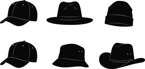 PrintHat silhouette collection, baseball cap, bucket hat, cowboy hat, winter beanie, fedora design, fashion accessory vector, headwear clothing illustration