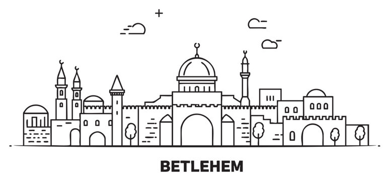 Minimalist black and white line art of historic bethlehem skyline with religious landmarks - stock vector