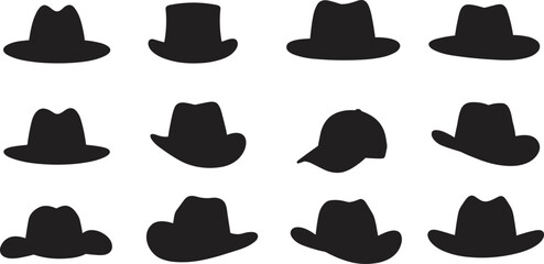 PrintHat silhouette vector set, cowboy hat, fedora, top hat, baseball cap, fashion headwear design, clothing accessory, western vintage style illustration