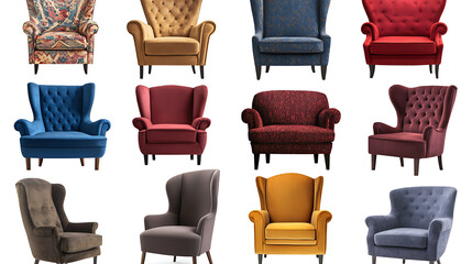 Eight chairs in various colors are displayed on a white background. 