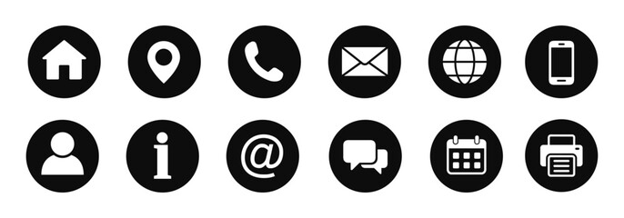Contact information icons for business card and website, communication symbols