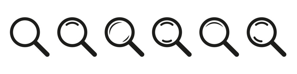 Search icons set, magnifying glass instrument symbols, magnifier or loupe sign