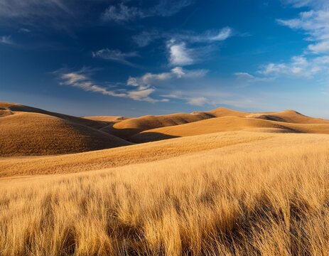 rolling hills and field of dry grass under a blue sky