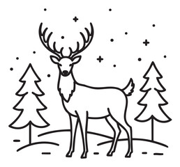 Line art deer in snowy forest scene with pine trees - stock vector