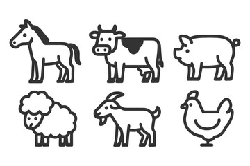 Fototapeta premium The image is a collection of different animals, including a horse, cow, goat, and chicken. The animals are all drawn in black and white. vector