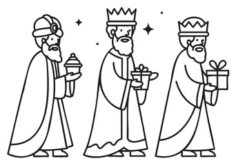 Three wise men bearing gifts in black and white illustration - stock vector