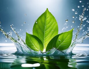 fresh green leaves splashing in water capturing the essence of nature and vitality