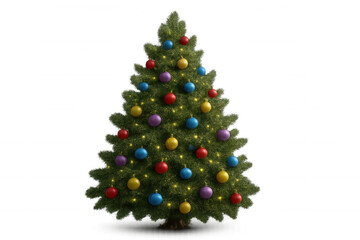 Christmas tree standing with colorful baubles, string lights, and winter holiday decorations on a transparent background