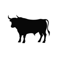 Silhouette of a powerful bull standing against a white background