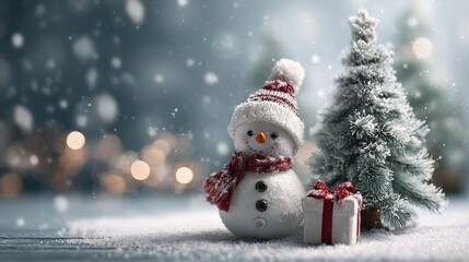 Obraz premium christmas card with snowman and christmas tree