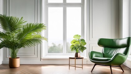 modern living room interor with green leather armchair large window and tropical plant copy space