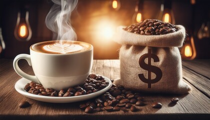 cappuccino on table with coffee beans and burlap sacks featuring dollar signs price rise theme