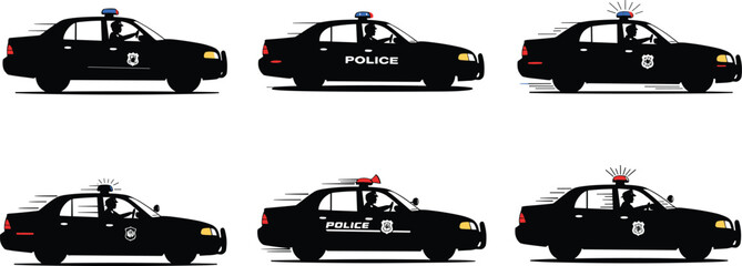 PrintPolice cars in motion with sirens on, patrol vehicles vector illustration, emergency response, law enforcement, silhouette style design © Creatives World