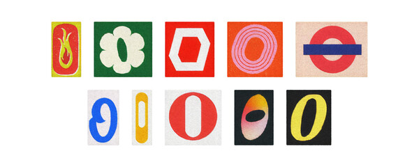 Magazine letter O cutout tiles collage set, colorful on transparent PNG

