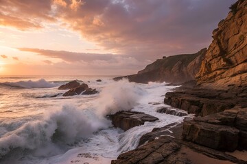 Obraz premium Golden Hour Waves Crashing Against Rocks
