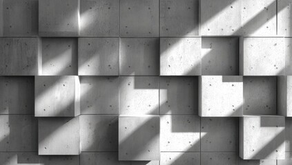 Monochromatic concrete cube wall, sunlit, textured surface; angular shadows accentuate the three-dimensional geometric pattern