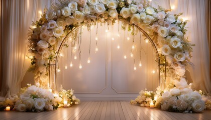 vintage arched backdrop with pastel roses and fairy lights elegant white and beige floral display with whimsical lighting for photography