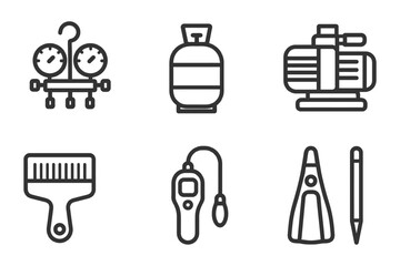 A set of six icons for tools and equipment. The icons include a brush, a pen, a gas tank, a pressure gauge, a pressure washer. Vector.