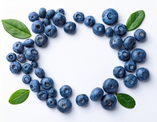 top view of blueberries and leaves isolated on a white background with space for copying an image