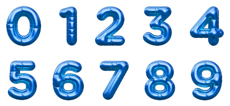Set of blue balloon numbers or foil balloons on a isolated background. Helium balloons for anniversary and wedding. Number golden balloon isolated.