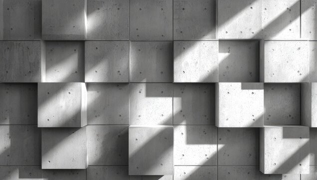 Monochromatic concrete cube wall, sunlit, textured surface; angular shadows accentuate the three-dimensional geometric pattern