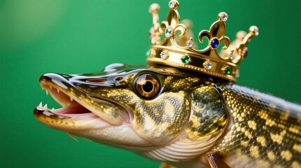 Realistic predatory fish with a jeweled gold crown on head, green background