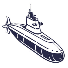 Stylized navy blue outline illustration of a modern submarine viewed from a low angle on a white background