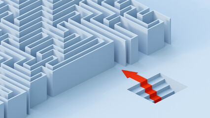Business problems and solution concept. Labyrinth concept. Maze side view structure. Perspective view of an 3d rendered maze. Presentation and education background.